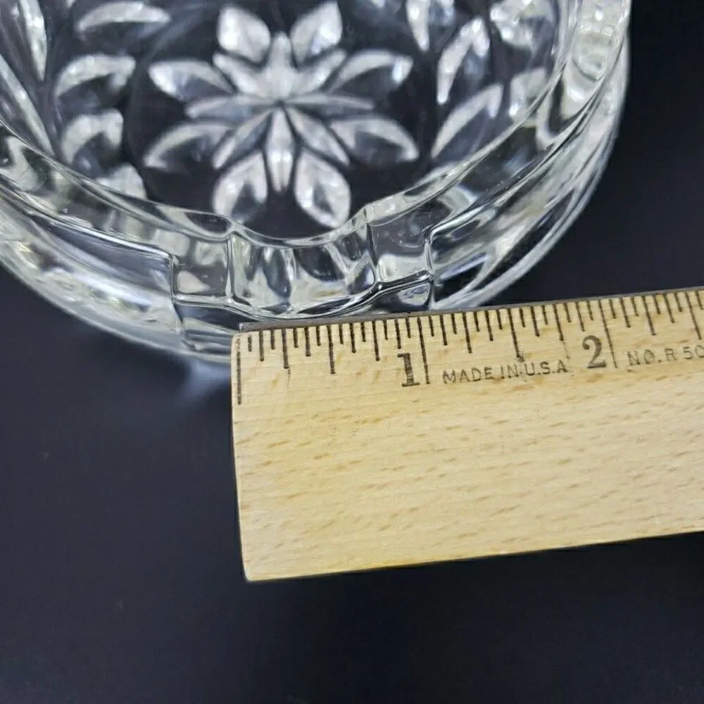 Vintage Cigar Tabletop Ashtray Clear Glass Etched Floral Leaf Band 3 Slots MCM